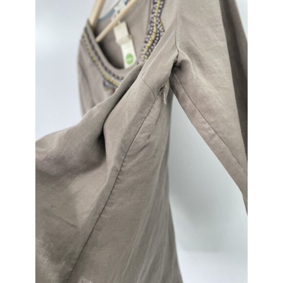 NWT Boden Taupe 100% Linen Shirt Beaded Neckline 3/4 Sleeve US Size 10 Boho - Picture 6 of 12